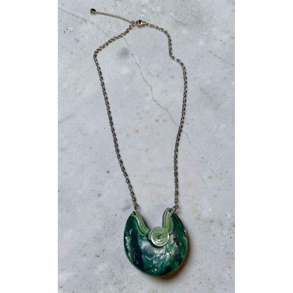 Handmade Green & Blue Large Polymer Clay Pendant Necklace on 18" SS Cable Chain - Picture 4 of 8